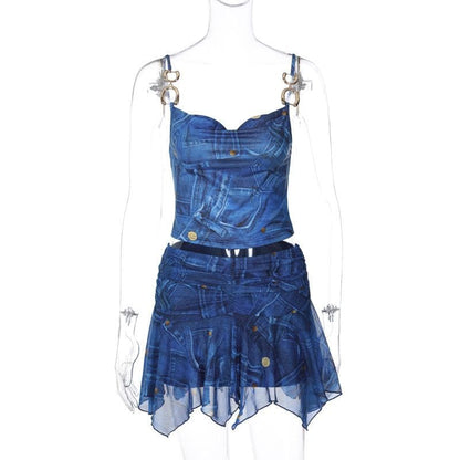 Backless cowl neck metal chain denim print ruched mini skirt set