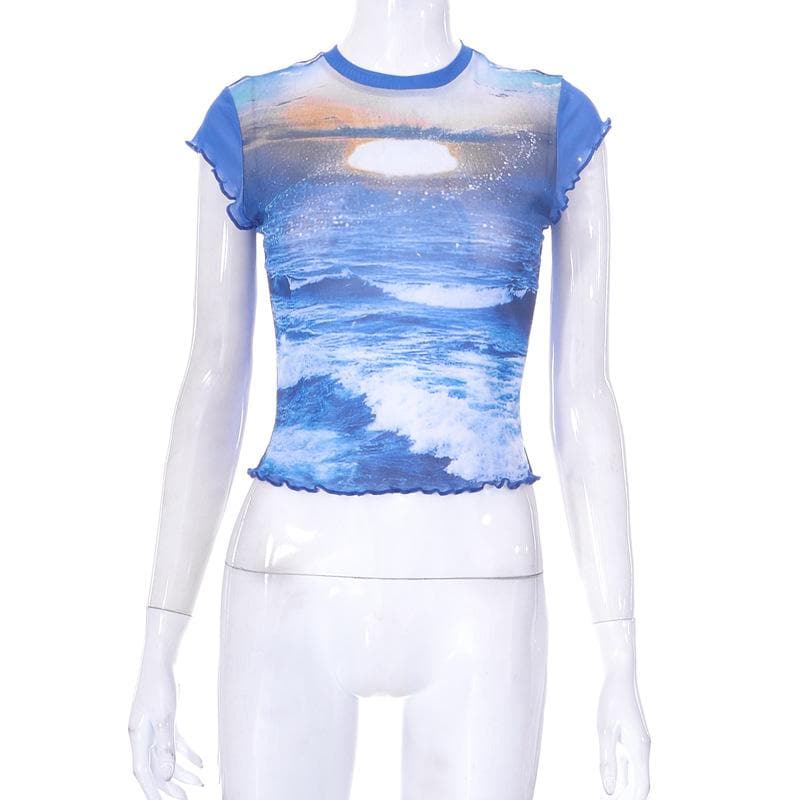 Cap sleeve sheer mesh crewneck ruffle contrast print crop top