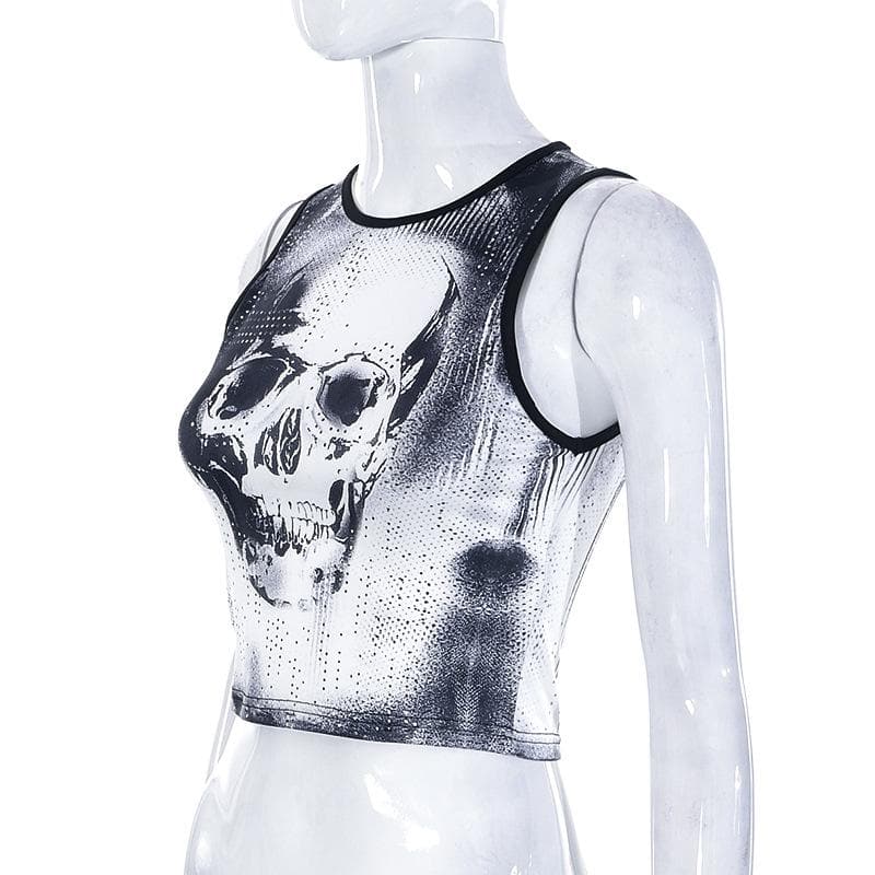 Skull pattern sleeveless crewneck crop top