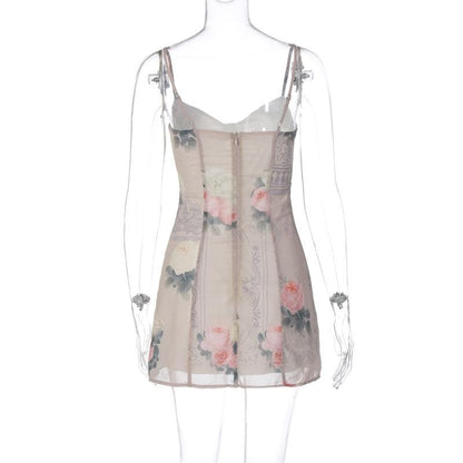 Chiffon flower print contrast v neck zip-up cami mini dress