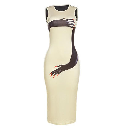 Arm pattern contrast sleeveless crewneck midi dress