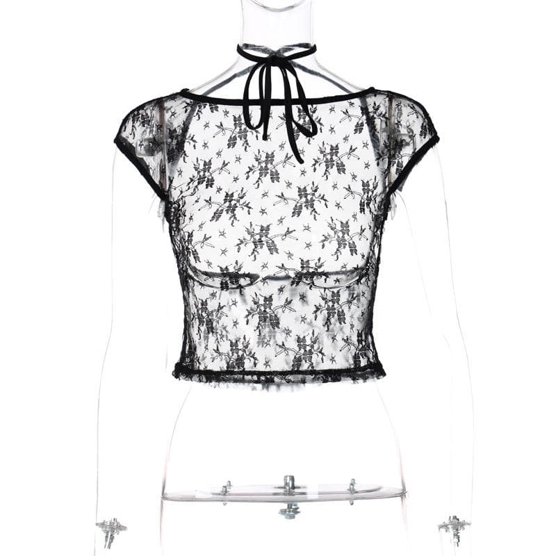 Lace solid see through halter cap sleeve backless crop top