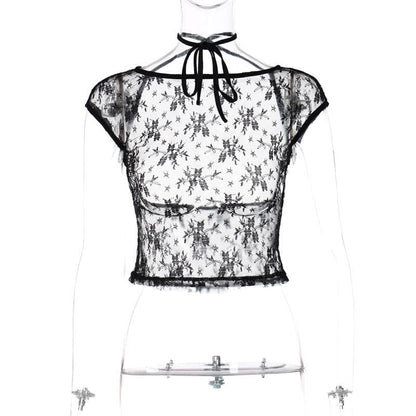 Lace solid see through halter cap sleeve backless crop top