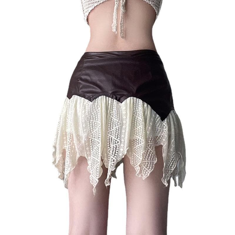 Minigonna testurizzata con cintura a balze patchwork in pelle PU irregolare 