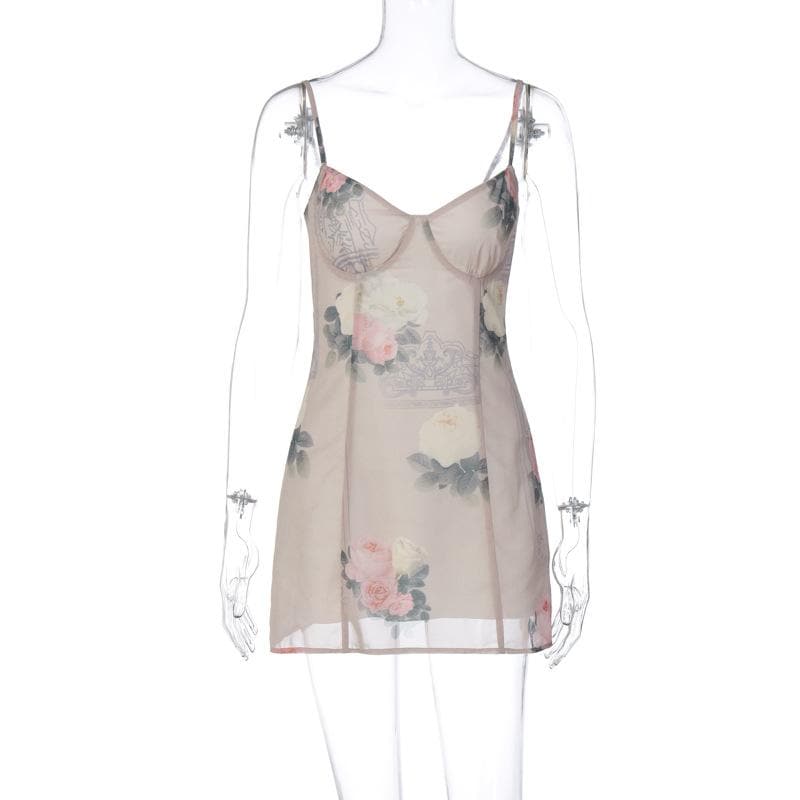 Chiffon flower print contrast v neck zip-up cami mini dress