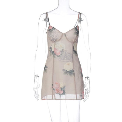 Chiffon flower print contrast v neck zip-up cami mini dress