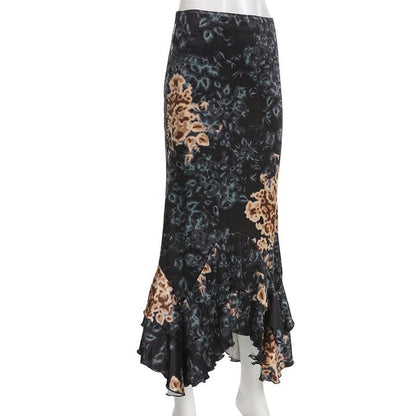 Flower print velvet contrast ruched irregular low rise maxi skirt