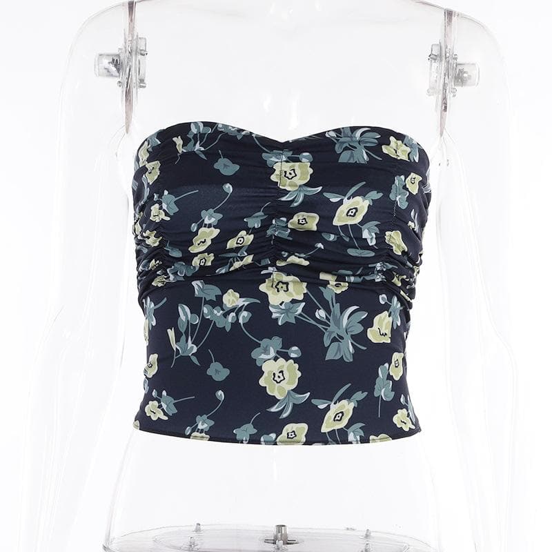 Flower print contrast ruched smocked backless tube crop top