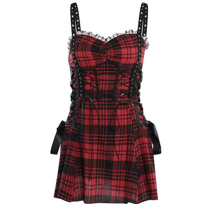 Backless ruched lace hem plaid lace up zip-up mini dress