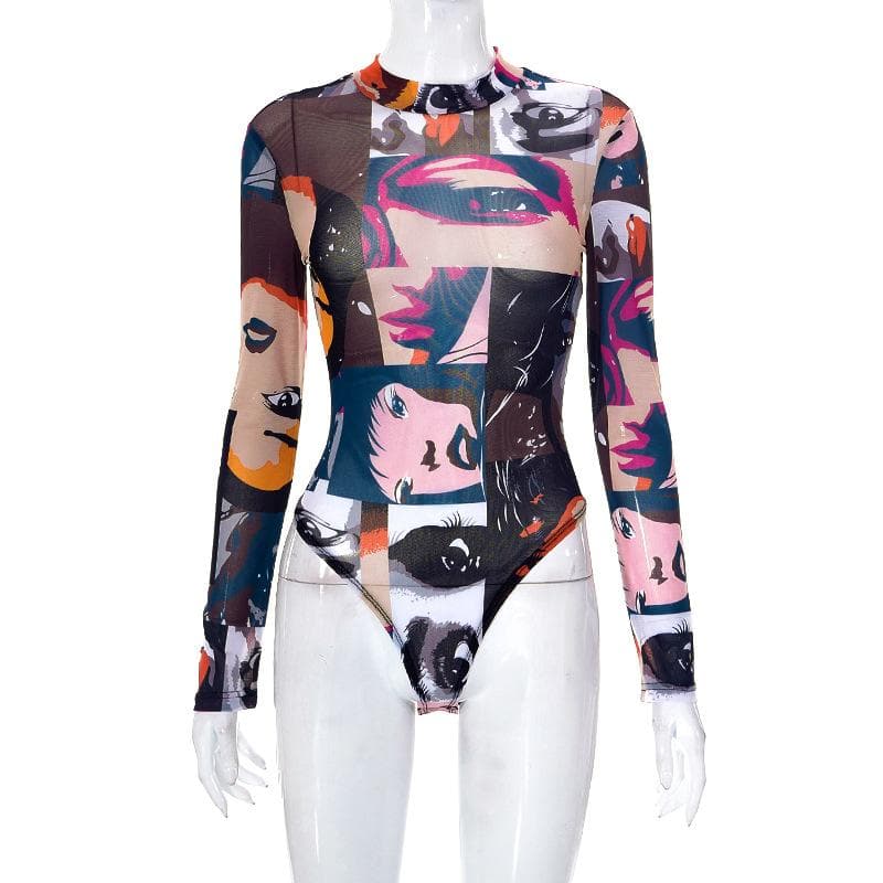 Sheer mesh see through abstract print long sleeve contrast bodysuit