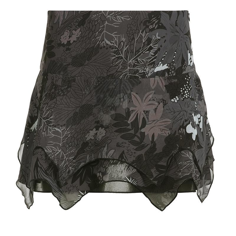 Minigonna in chiffon con stampa di foglie irregolari a contrasto e cerniera 