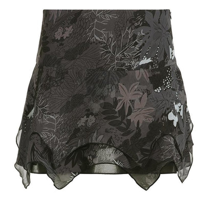Minigonna in chiffon con stampa di foglie irregolari a contrasto e cerniera 