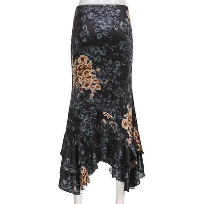 Flower print velvet contrast ruched irregular low rise maxi skirt