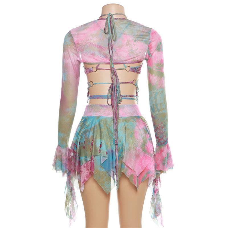 Minigonna con scollo a V, manica svasata, tie-dye, anello a O, allacciabile e scollato 
