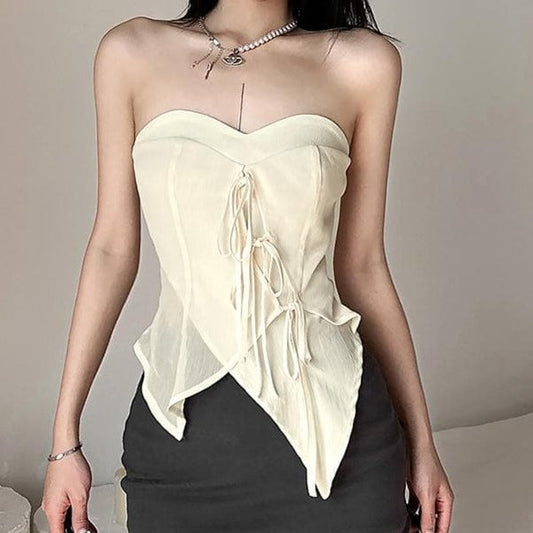 Solid zip-up sweetheart neck irregular self tie tube top