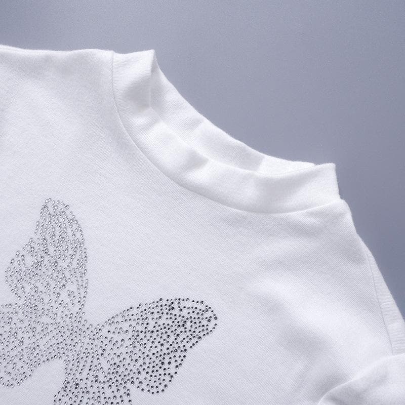 Butterfly beaded short sleeve crewneck crop top