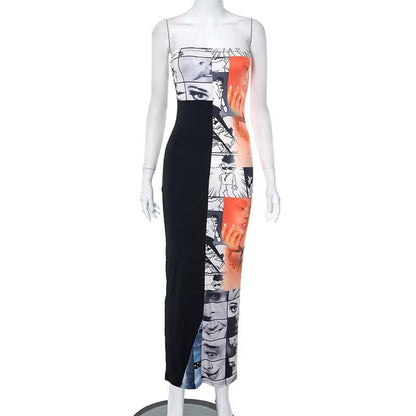 Abstract Print Contrast Patchwork Backless Slit Tube Maxi Dress