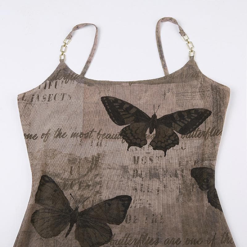 Butterfly pattern metal chain contrast cami mini dress