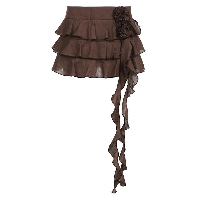 Flower applique ruffle zip-up ribbon solid mini skirt