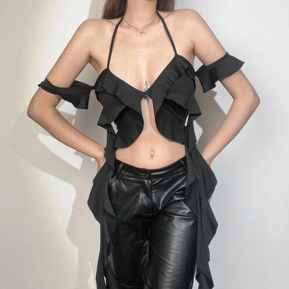 Ruffle halter solid v neck ribbon backless crop top