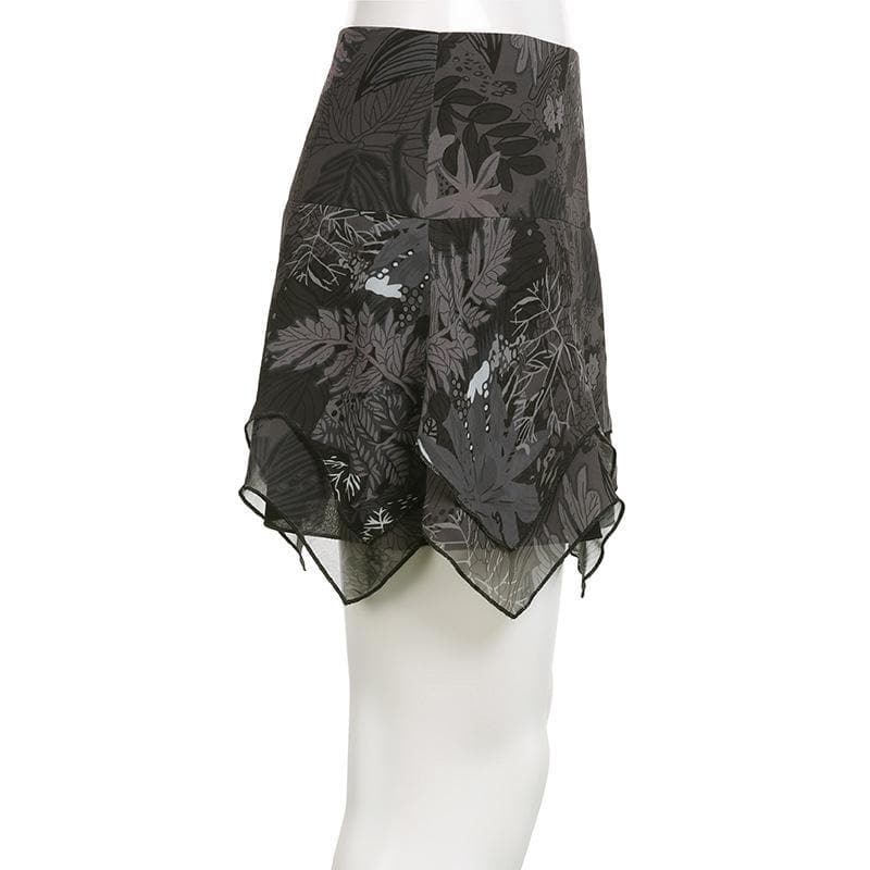 Minigonna in chiffon con stampa di foglie irregolari a contrasto e cerniera 