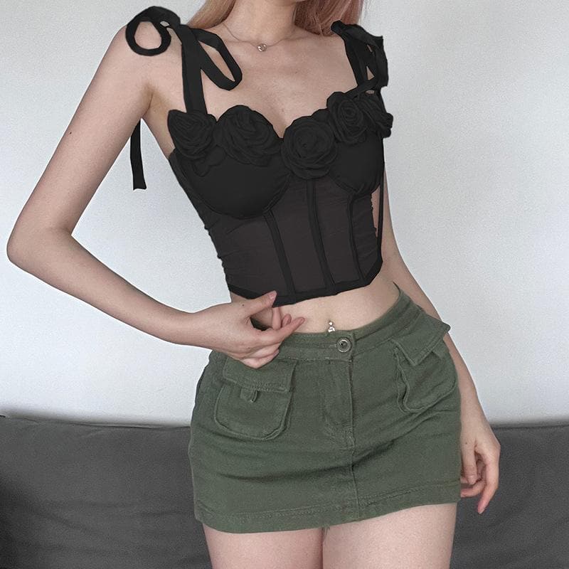 Mesh solid flower applique self tie backless bustier crop top