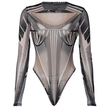 Long sleeve sheer mesh see through abstract print bodysuit