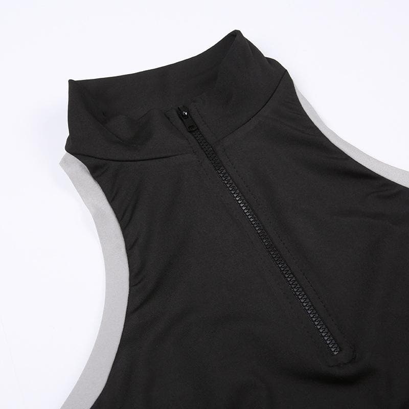 High neck contrast sleeveless zip-up hollow out backless top