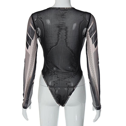 Long sleeve sheer mesh see through abstract print bodysuit