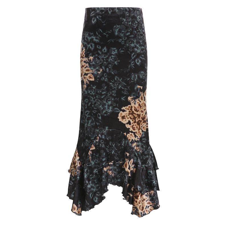 Flower print velvet contrast ruched irregular low rise maxi skirt