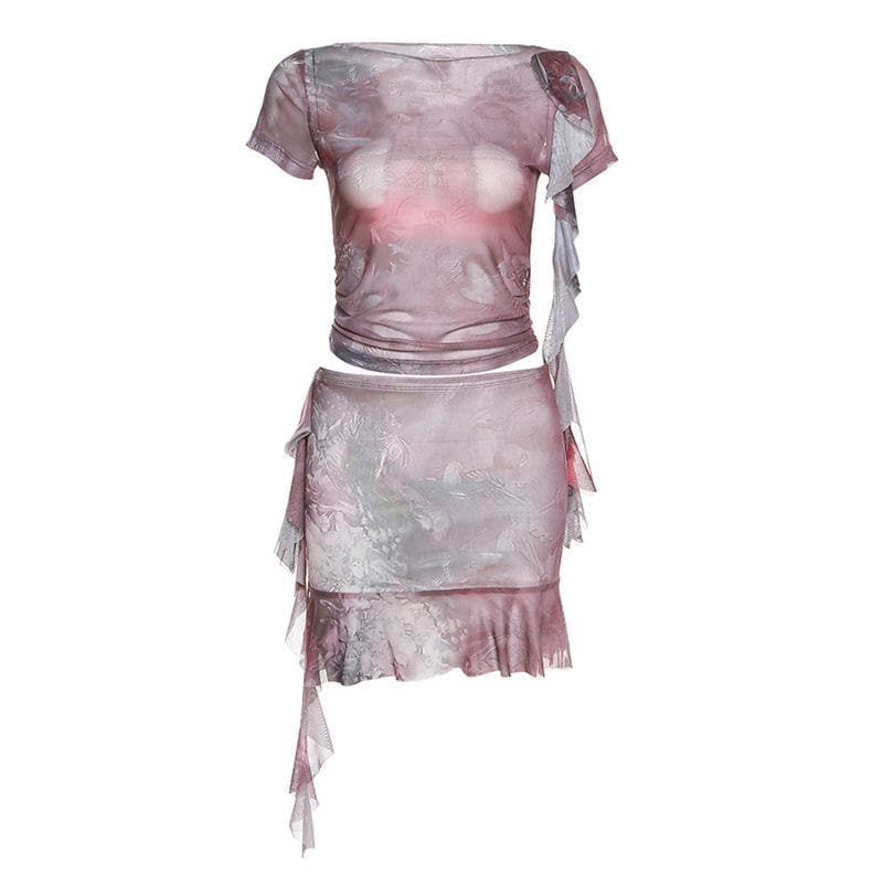 Sheer mesh see through ruffle short sleeve contrast print mini skirt set