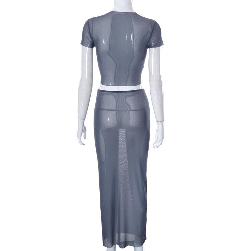 Crewneck short sleeve sheer mesh see through maxi skirt set