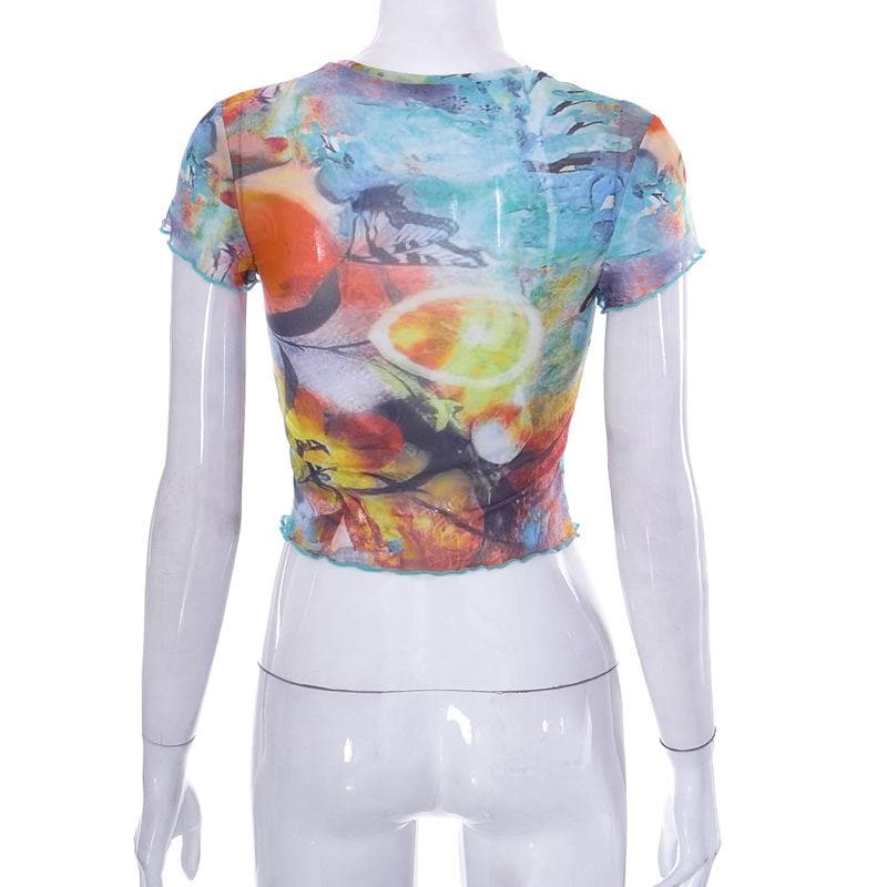 Abstract Print Contrast Short Sleeve Ruffle Crewneck Crop Top