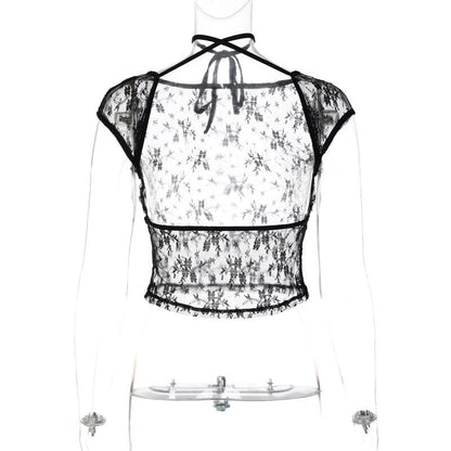 Lace solid see through halter cap sleeve backless crop top