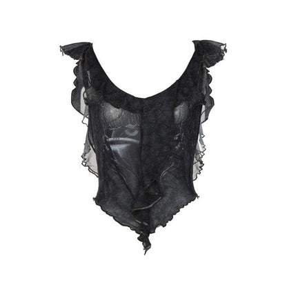 Sheer mesh see through ruffle cap sleeve backless top