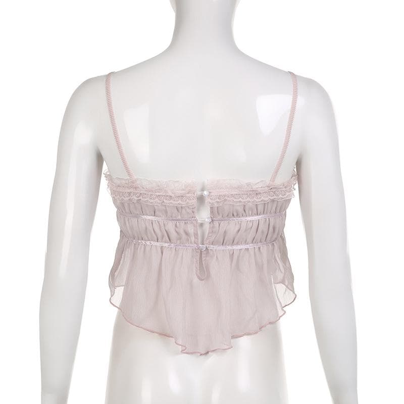 Chiffon-Camisole mit plissiertem Rüschensaum und Spitzenknopf 