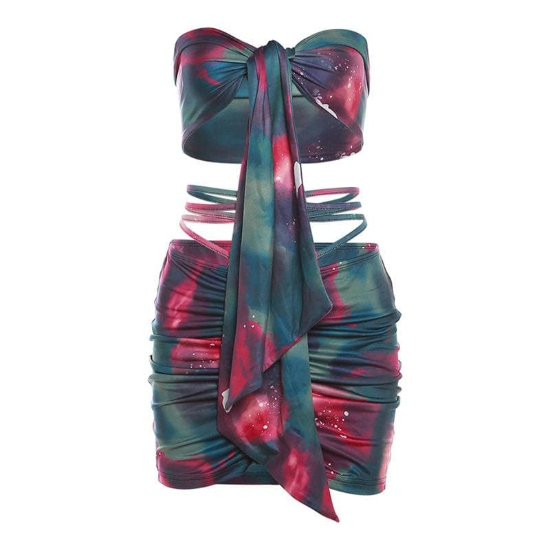 Minigonna a contrasto con coulisse, arricciata e tie-dye senza schienale 