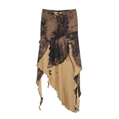 Tie dye irregular self tie slit contrast lace up low rise midi skirt