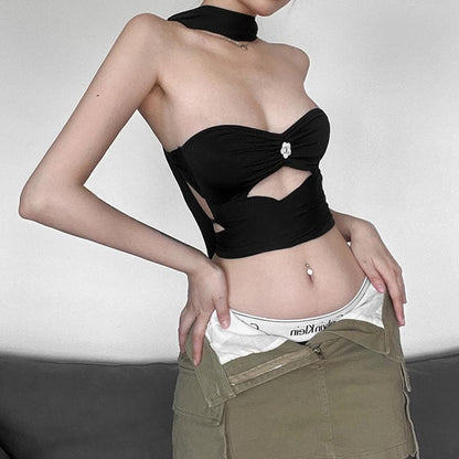 Halter solid self tie hollow out ribbon ruched off shoulder crop top