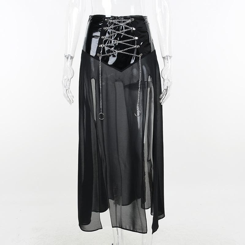 Metal chain lace up slit zip-up mesh PU leather patchwork midi skirt