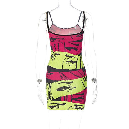 Abstract Print Contrast Backless U Neck Cami Mini Dress